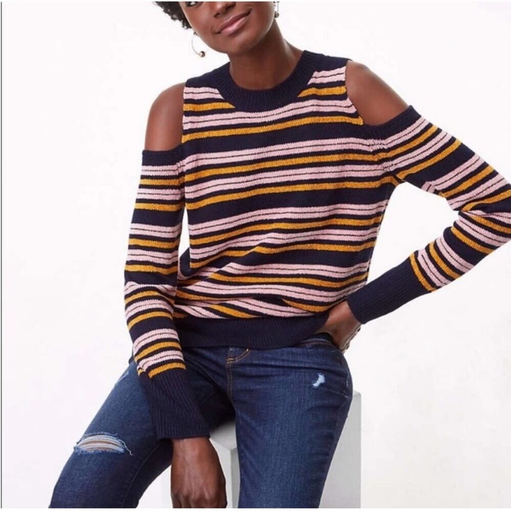 NWOT LOFT Chenille Striped Cold Shoulder Sweater - Picture 1 of 6
